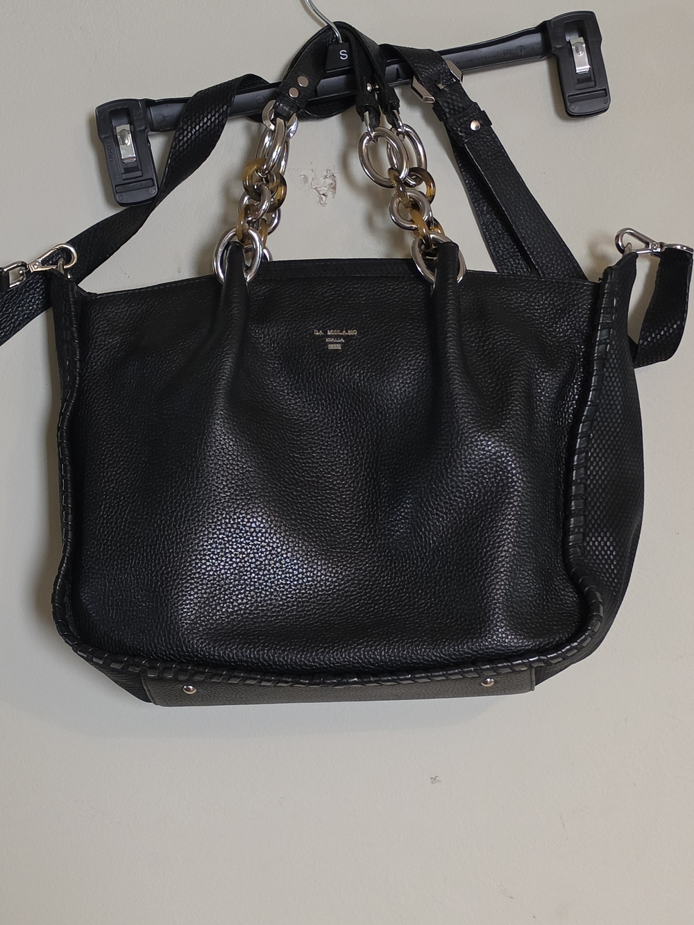 DA MILANO Black Pebbled Satchel Top Handle Zip Bag w/ Detachable Strap